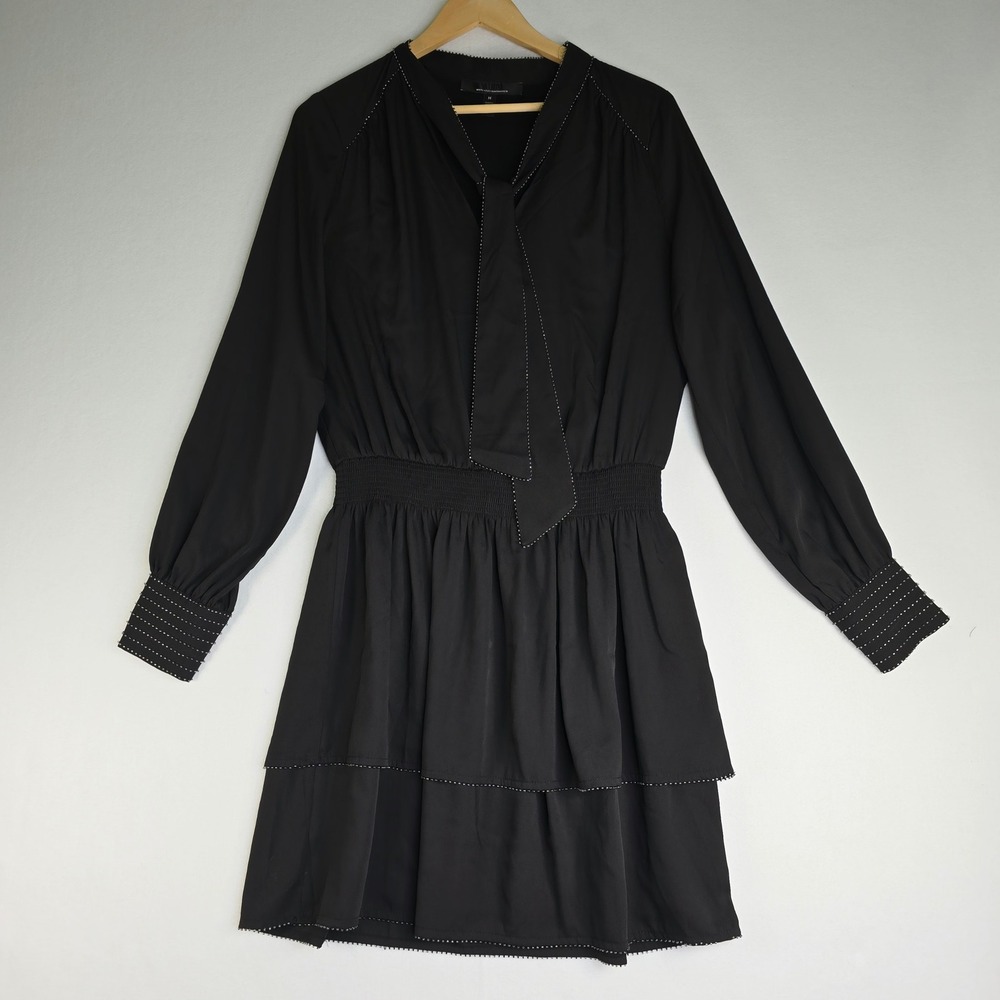 White House Black Market Black Beaded Tie Neck Smocked Mini Dress Size M